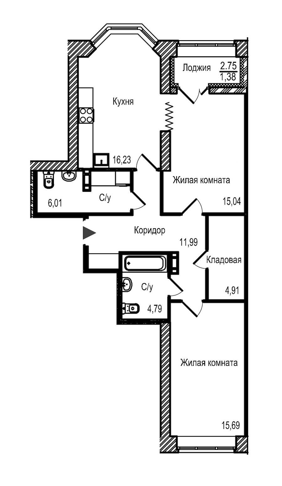 Двухкомнатная квартира в : площадь 76.04 м2 , этаж: 3 - 4 – купить в Санкт-Петербурге